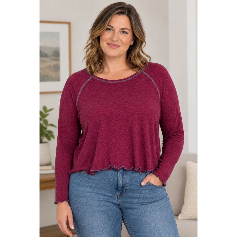 Natural Life Long Sleeve Lettuce Edge Top XL Magenta Purple Cotton Raglan Boxy